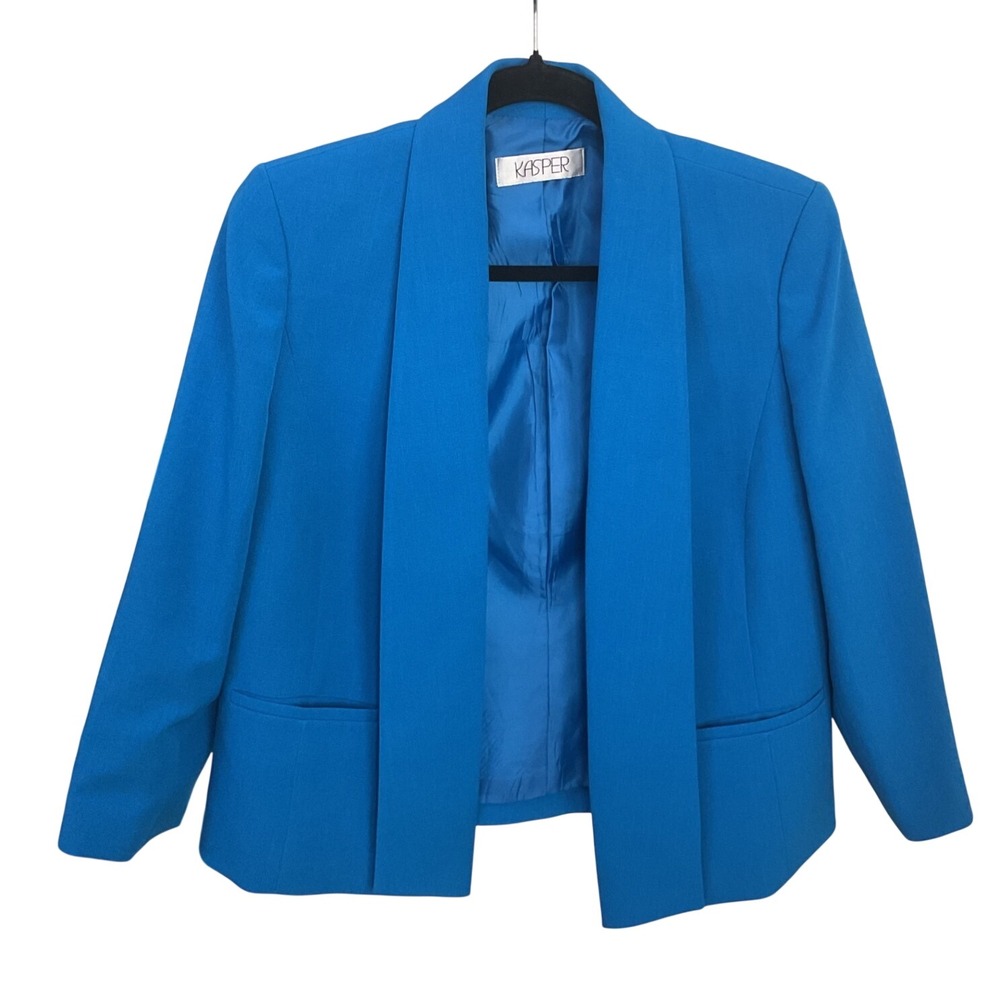 Kasper Womens Blue Open Front Shawl Collar Blazer Jacket‎ Professional Workwear